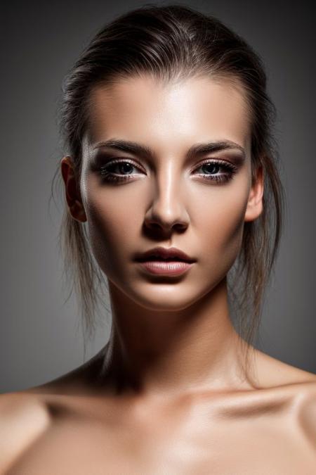 ntl, full color portrait of woman, (oiled shiny skin:1.0), (slick hair:1),
masterpiece, best quality, sharp focus, highres 8k uhd, ultra-detailed, rim light, (grey background:1.0),
 <lora:CR-NatalieDormer-frankyfrank2k:0.9>