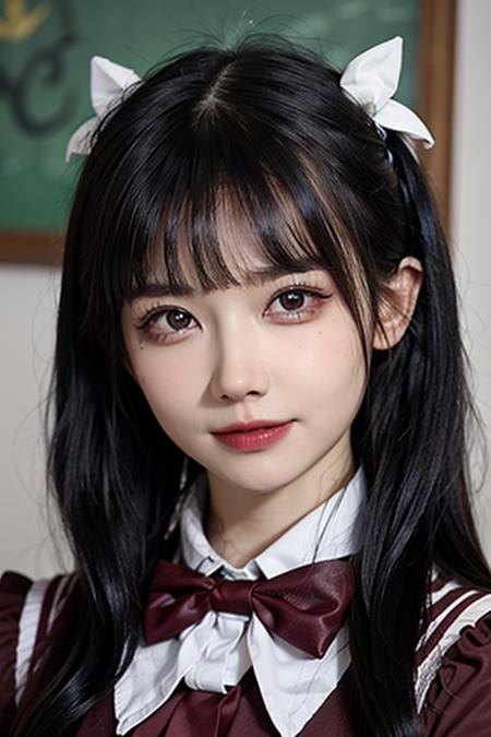 best quality, (photorealistic:1.2), 1girl, solo, detailed face, face focus, standing, black hair,(hair ornament:1.35),school uniform, ribbon-trimmed sleeves, detached sleeves, ribbon trim, wide sleeves, (looking at viewer:1.5) long hair, black eyes, bangs, lips,