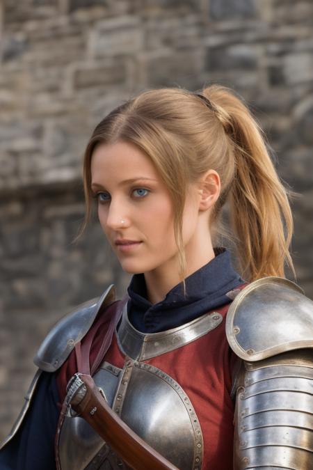 photo, stunning beauty,high quality photo, perfect details and textures, highly detailed,looking at camera, front view, perfect lighting,  <lora:xxcarli-07:0.5> blonde xxcarli (with her hair tied in a ponytail:1) with a medieval armor and medieval sword