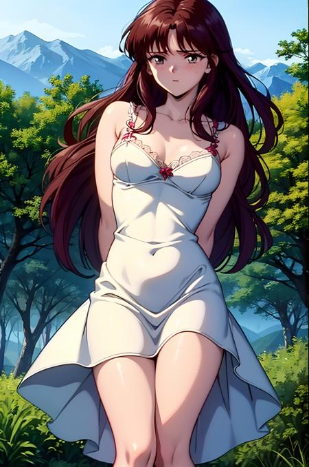 (exceptional, best aesthetic, new, newest, best quality, masterpiece, extremely detailed), 1girl, solo, yuukimiaki, hair_down, nightgown, arms_behind_back, blush, embarrassed, forest, mountainous_horizon