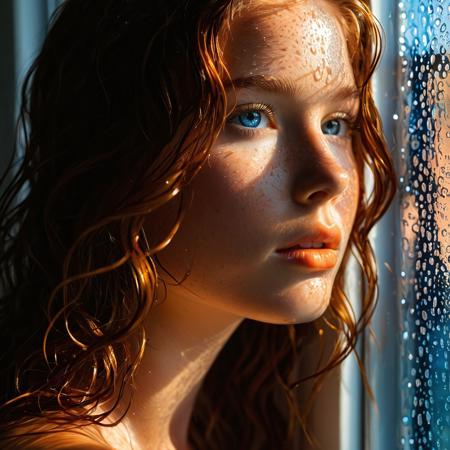 A close-up portrait of a young woman with wet hair, looking out of the window, her face softly illuminated by dappled light filtered through the window. The intricate shadows create an artistic, ethereal effect on her skin, highlighting her striking blue eyes and natural freckles. Her lips are slightly parted, with a subtle orange hue, while the overall tone of the image conveys a serene and introspective mood, blending warm sunlight with cool blue tones for contrast. The window has a symmetrical glass frame