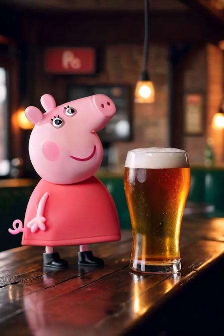 cinematic photo peppa pig  have a beer in a pub <lora:Peppa1024:0.8> . 35mm photograph, film, bokeh, professional, 4k, highly detailed