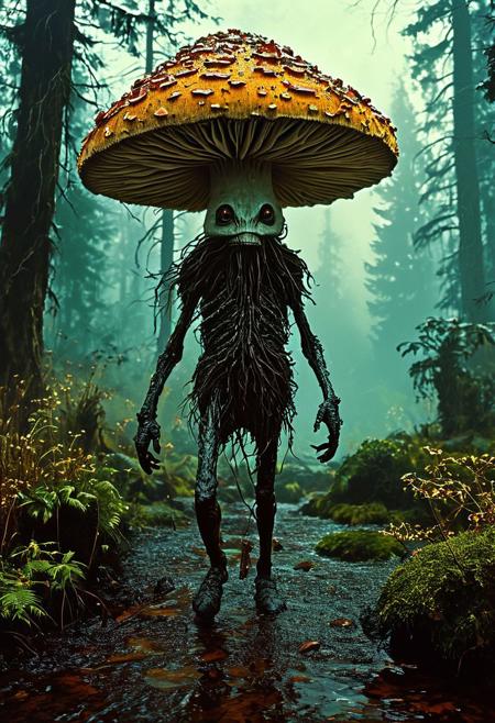 In the tranquil yet eerie expanse of the Darkroot Garden, a Large Mushroom Person ambles with a slow, deliberate pace. Its stout, fungal body and cap-like head give it an almost whimsical appearance, belying the formidable strength within. When provoked, it defends its territory with surprising agility, its punches carrying the weight of the ancient forest itself., 
Inspired by dark fantasy, featuring sinister religious motifs in a gritty, oil painting style, evoking a sense of mystery and foreboding with deep, dark hues
, in the style of an old 80's VHS dark fantasy, VHS screen grab, grainy, old footage
