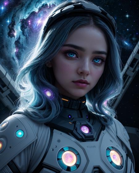 Cute, attractive, female cosmic entity. Highly detailed beautiful expressive eyes. Celestial heavenly body. Highly Detailed Futuristic apparel. Surrounded by cloud of glowing gas. Serious. Dark starry sky in the background with galaxies, pastel colors. Photorealistic, Natural atmospheric lighting, intricate details, 35mm photograph, film, professional, 4k visuals, highly detailed, elegant, studio quality.