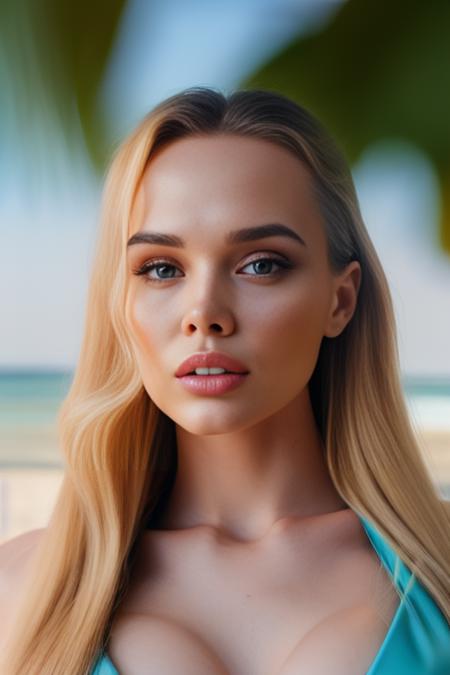 olgaabrom (sharp focus:1.2), photo, (beautiful face:1.1), detailed eyes, luscious lips, (cat eye makeup:0.85), wearing (bikini:1.2) on a (beach:1.2), depth of field, bokeh, 4K, HDR. by (James C. Christensen:1.2|Jeremy Lipking:1.1).