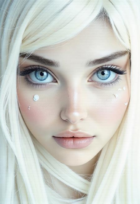 A closeup, surreal, ethereal portrait of a woman with a hauntingly beautiful, almost angelic presence. Her pale complexion is luminescent, blending seamlessly into the pure white background, creating an impression that she is emerging from light itself. Her very large piercing blue eyes are the focal point, their crystalline clarity and soft glow conveying a sense of otherworldly wisdom and calm. Her long lashes are bold and dramatic, contrasting starkly against her porcelain skin, drawing the viewer's gaze deeper into her haunting stare. Her features are delicately sculpted, with high cheekbones, a perfectly straight nose, and soft, full lips that hold a subtle, neutral expression, suggesting serenity and quiet strength. Her platinum-white hair flows and floats softly upwards, emphasizing her celestial appearance. The fine strands are light and wispy, blending seamlessly into the white backdrop with white ashes falling around her, adding to the ethereal atmosphere. The lighting is diffused and even, erasing shadows and creating a minimalistic aesthetic that places full focus on her striking features. The overall composition feels timeless, as if capturing the essence of purity and perfection, with a soft, dreamlike quality that invites introspection and awe. The simplicity of the image enhances its mystique, creating a profound, angelic presence that feels both familiar and otherworldly.