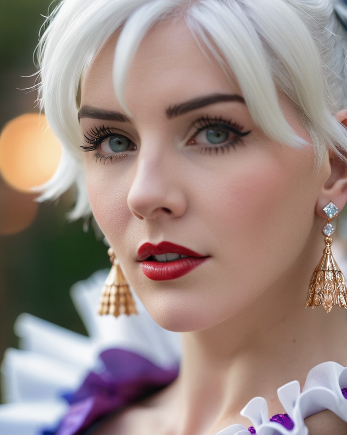 old woman hair white, 3d, blurry, blurry background, blurry foreground, bokeh, chromatic aberration, cosplay photo, depth ...