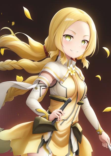 <lora:Inubouzaki_Fuu-10:1>,(Scattering yellow petals, fluttering hair),Inubouzaki_Fuu, 1girl, solo, long hair, looking at viewer, smile, blonde hair, dress, holding, twintails,light green eyes, yellow eyes, weapon, braid, flower, twin braids, capelet, magical girl, yellow dress