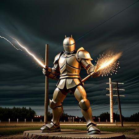 Wooden knight shooting lightning from his hands at power poles, 8k extreme detail, Outside, standing next to a metal machine, realistic, perfect, no mistakes,