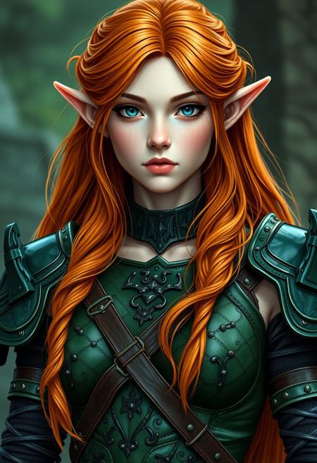 gorgeous busty elf, long flowing ginger hair, medium symmetrical breasts, wearing green leather armor, intricate details, ultrafine detail, vibrant color, 8k resolution, full body