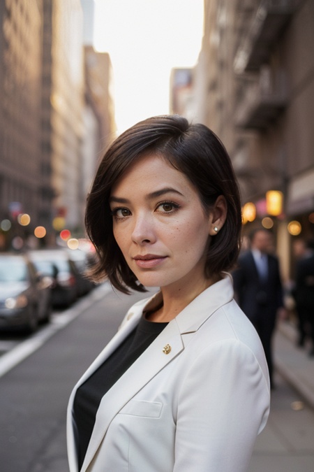 JanineTurner, photography by (Rodney Smith:1.3), ((upper body focus, shoulders)), modelshoot, pose, (business suit, black jacket, white blouse, facing viewer, busy Manhattan sidewalk, looking at viewer, blurry background, bokeh, ID photo:1.3), serious look