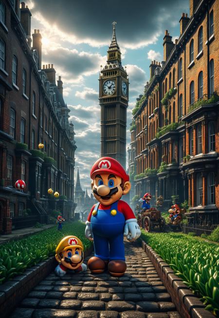 Surrealism, Super Mario Trapped In 19800's Victorian London, shocked expression on his face, Hyper detailed digital matte painting, beautiful landscape concept art, hyperrealism, 16k resolution, Cinema 4D, 8k resolution, trending on artstation, behance HD, a masterpiece, illustration render cinema octane x-particle HDR DLSR detailed sophisticated 16k Behance HD, Epic 3D Videogame Graphics, Intricately Detailed, refined, defined, follow negative prompts