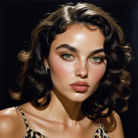 A captivating close-up portrait of a woman with dark, wavy hair, styled elegantly, set against a contrasting dark background that emphasizes the features of her face. The lighting is soft yet dramatic, casting gentle shadows and creating depth, highlighting her high cheekbones and well-defined jawline. The woman's piercing green eyes are prominent, drawing viewers in, while her slightly parted lips are painted with a subtle pink hue. She wears a shimmering, animal print spaghetti strap top that adds texture to the image, further illuminating her collarbone and shoulder area. The composition is intimate and engaging, using a tight crop that focuses on her facial expression, which exudes confidence and allure. The overall style blends modern portraiture with hints of glamour, enhancing the artistic visual narrative. Technical aspects include a shallow depth of field that blurs the background slightly, pulling attention to the subject, with a balanced color palette dominated by earthy tones that evoke sophistication. ernst ludwig kirchner expressionism painting style