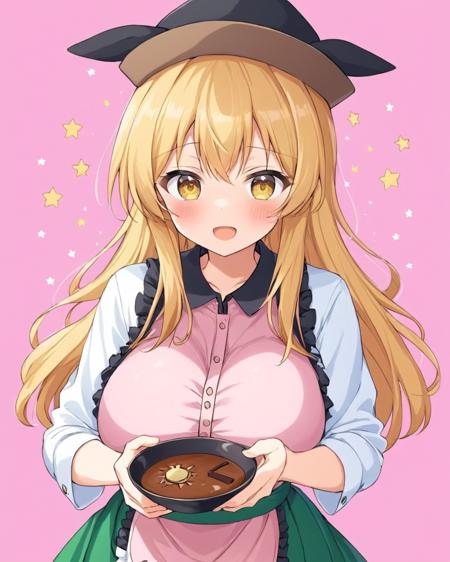 matara okina,1girl, solo, pink_apron, hat, open_mouth, blush, white_shirt, black_headwear, star_\(symbol\), chocolate, looking_at_viewer, green_skirt, long_sleeves, collared_shirt, sweatdrop, pink_background, holding_bowl, standing, white_outline, starry_background, brown_headwear, large_breasts, alternate_costume, buttons, frills, white_apron
<lora:matara_okina_image1460_2023-12-20-000014:1>,star-shaped_pupils,symbol-shaped_pupils,. gorgeous,key visual, vibrant, studio anime,award-winning, professional, highly detailed,high budget, cinemascope