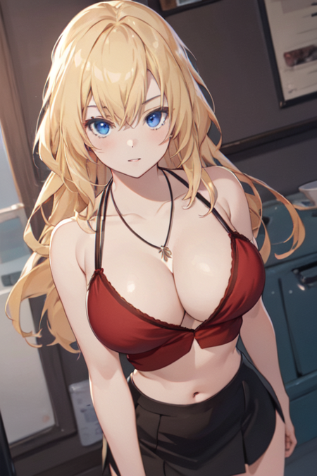 ZoeBC, 1girl, solo, long hair, blue eyes, miniskirt, blonde hair, large breasts, navel, cleavage, bare shoulders, jewelry, collarbone, midriff, black skirt, necklace, red crop top, 