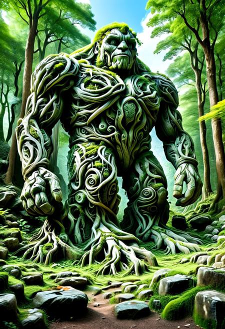 score_9,score_8_up,score_7_up, PG-TR, This is a vibrant, fantasy illustration of a large, golem-like figure that appears to be made of stones and rocks, partly overgrown with lush green foliage. The figure stands in a forested environment, with trees and plants surrounding it, and in the background, ruins or other stone structures are visible. The sky above is clear blue with some white clouds, indicating a sunny day.
The colossus itself is impressively large, with a broad posture and thick, robust limbs. Its body is a mix of gray and brown stones, some smoother than others, with cracks and moss growth emphasizing its age and natural integration. The most striking feature is the dense layer of bright green leaves covering large parts of its torso, shoulders, and upper legs, as if it has become part of the forest itself.
The colossus's face is somewhat human-like, with a stylized, flat nose and indentations suggesting eyes, all formed from stone. The overall atmosphere of the image is one of wonder and mystery, fitting for a fantasy world. <lora:Treeroots_0_90_multi2_Handprocessed_V2:1>