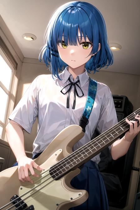 masterpiece, best quality, 1girl, indoors, standing, yamada ryo <lyco:Ryo-000007:1.0>, shirt, ribbon, hair ornament, skirt, instrument, guitar, playing instrument, holding instrument, bass guitar, looking down, indoors