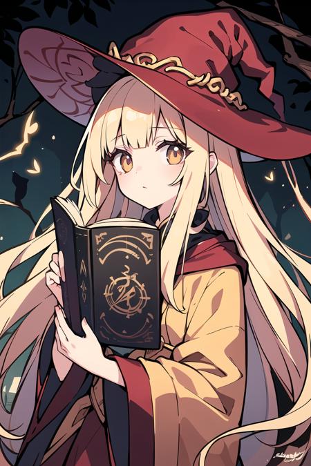 masterpiece, best quality, ultra-detailed, original characters, deep depth of field, sharp focus, portrait of a young witch reading a magic book, soft delicate beautiful attractive face with enchanting hazel eyes, flowing robes in rich shades of burgundy and gold, pointed hat adorned with feathers and gemstones, ancient runes inscribed on tree trunk, lush forest background with shimmering sunlight peeking through branches, (fluttering leaves and twigs: 1.05), (mysterious owl perched on branch: 1.1), (glimmering fireflies: 1.15), (magical runes and symbols surrounding witch: 1.2)