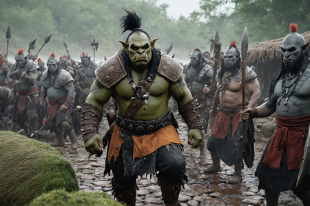 an orc rider with green skin, wearing armor, riding a worg, holding a lance, solo, from the Stonecrusher Clan, with stone armor and gray war paint, a raided human village with burning huts, scattered loot, orc tracks, detailed background, brewing ale, stirring a barrel, alert, eyes scanning, environment focus, wide shot, a war drum ceremony with orcs drumming, chanting, preparing for battle, a cloth bandage, nearby, on a riverbank, wet stones, humid, misty air, dewdrops on surfaces, warm atmosphere, noon, bright overhead sun, clear shadows, warm air, best quality, vibrant colors, photorealistic style, high detail, high-definition, hyper-realistic, extremely high-resolution details, fine texture, incredibly lifelike, realistic, not cartoon, not drawing, highres, 4K resolution, source photo, realistic photo, masterpiece, best quality, amazing quality, very aesthetic, ultra-detailed, detailed textures, natural lighting, soft lighting, shadowy tones, deep blacks and grays, firelight, warm orange flicker, high angle shot, looking down