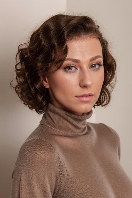 <lora:EmyliaArgan_v2:1> emyliaargan, curly brown hair, makeup, turtleneck sweater, portrait, soft light, highly-detailed, ultra-realistic,