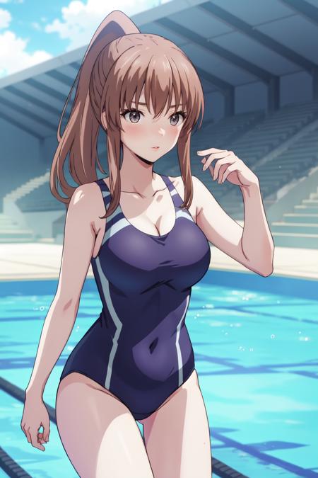 Kazane <lora:Kazane:0.8>, brown hair, long hair, (brown eyes:1.2), ponytail collarbone, swimsuit, one-piece swimsuit, barefoot front-tie bikini top, bikini, side-tie bikini bottom, barefoot t-shirt, bike shorts