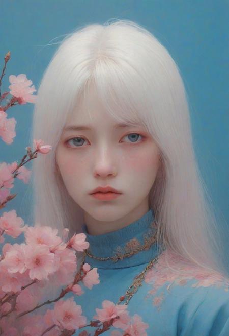 white hair, shoulder-length hair, straight hair, 20 years old, cute, pale skin, blushed face, snub nose, flowers, collar, blue theme, pink theme, digital artwork by Beksinski, portrait, sakura, vibrant colors