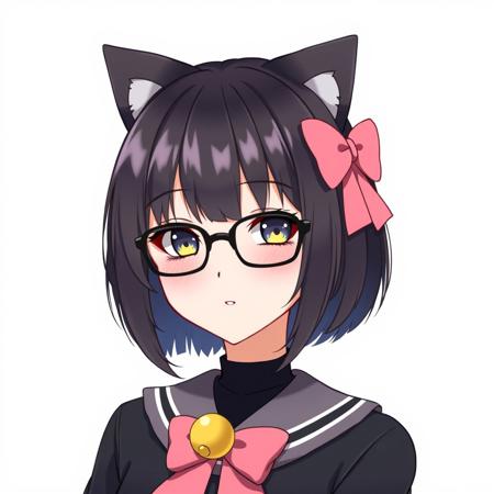 Black hair,  short woman, fringe hairstyle, bob hairstyle, anime, black glasses, pink bow, cat ears, yellow bell necklace