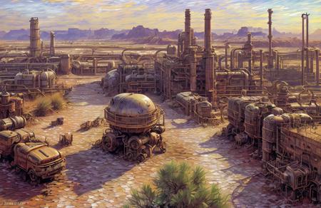 (impressionism:1.1), salt flat, Cliff/Bluff, industrialism, (john berkey:0.9), rural, scenery,a painting,scene painting, steampunk city scene,scenery,plant,ground,robot,outdoors, <lora:å·¥ä¸è¸æ±½:0.5>,
