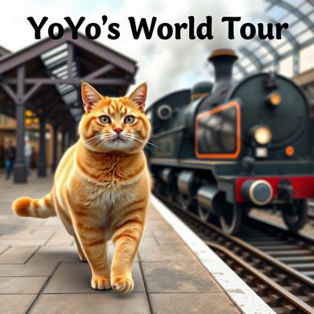 a large ginger cat walks confidently along a train station platform, a magnificent steam train, its doors open, waits on the track. at the top of the picture a line of text "YoYo's World Tour"