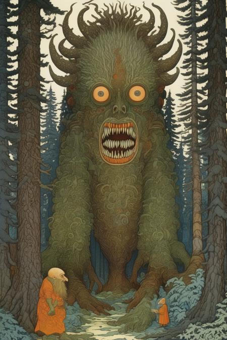 <lora:Ivan Bilibin Style:1>Ivan Bilibin Style - an imaginary monster with 3 heads in an imaginery forest, a hyper-detailed illustration