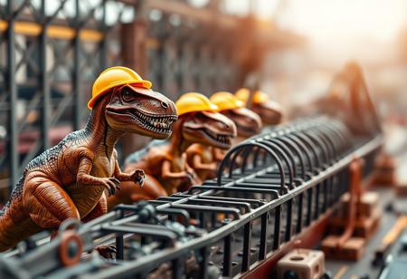 A masterpiece tilt-shift scene, photogenic soft lighting, an extremely detailed diorama photograph with vivid natural colors, showing a bunch of T-rexes dinosaurs building a metal ship at a shipyard 
Each T-rex is wearing a yellow construction helmet, and they are using their stubby little dinosaur arms to operate the heavy machinery required to build the ship, the ship is still in the early stages of construction consisting of nothing but a structure made from curved metal beams that form the skeleton of the ship, bokeh, depth of field.
4K digital photo quality, bokeh, vivid rich colors, depth of field, extremely detailed background, maximalist, life-like masterpiece realistic photo, hyper-realism, photogenic soft atmosphere, dynamic scene, absurdres, 8k photography, three point perspective, Ultra-realistic, extreme amount of details thay mimic richness of real life