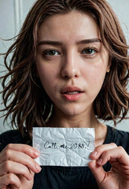 phone camera photo of 1GIRL holding a pice of paper with handwritten text ''zoya 0972340288 call me''
