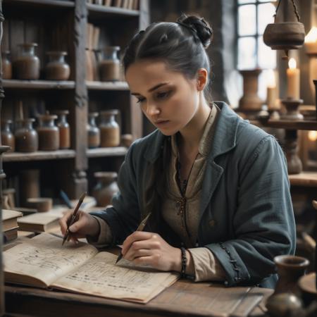 highly detailed analog photo of lab assistant working in a medieval laboratory,

solo, black hair, 1girl, hair bun, jacket, jewelry, solo focus, necklace, blurry, depth of field, blurry background, ring, book, bookshelf, writing, quill, scroll, (realistic:1.3), 

masterpiece, best quality, 8k,
motion blur, intricate details, depth of field,

(analogue photography:1.1),
(shadow play:1.4),



