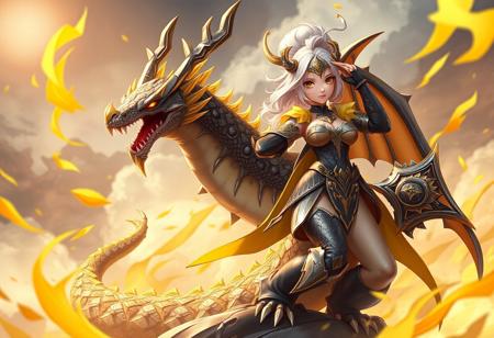 "Create a high-definition, lifelike image of a Dragoness, the Wicked Knight, set against a Machine Duplication background. Incorporate a saluting cyclops and yellow magic theme. Depict the character in a serpentine pose, with a booster and mono-yellow accents. The image should be polished, suitable for an app icon or official store photo. Lighting and details should follow the golden ratio, aiming for a marvelous, intricate result, featured on ArtStation."