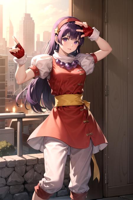 asamiya_red_top_ownwaifu,hairband,long hair,red hairband,fingerless gloves,gloves,jewelry,purple hair,star (symbol),hair ornament,purple eyes,star hair ornament,breasts,necklace,earrings,short sleeves,dress,puffy sleeves,red gloves,puffy short sleeves,sash,pants,red dress,bangs,
masterpiece,best quality,ultra detailed, 8k, cinematic light,highly detailed, scenery,pose,solo,looking at viewer, <lora:GAME_asamiya_athena:1>