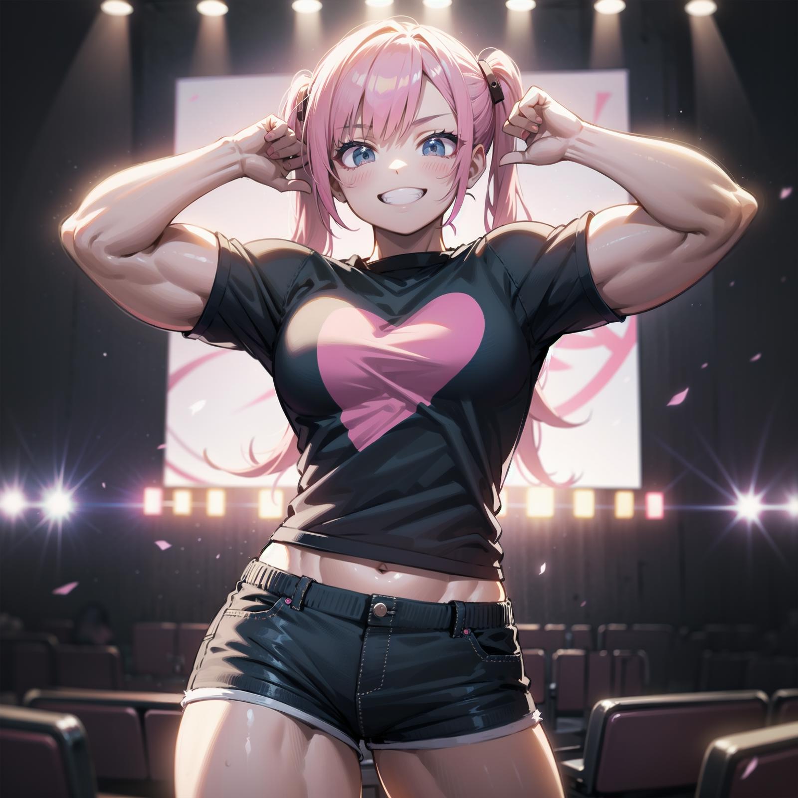 A cartoon drawing of a woman wearing a black shirt and black shorts, flexing her muscles and showing off her heart shirt.
