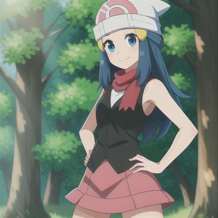 <lora:character_pokemon_dawn_v2:0.5> forest, 1girl, character_pokemon_dawn, solo, cowboy shot, looking at viewer, smile, closed mouth, hands on hips, beanie, hairclip, sleeveless shirt, skirt, kneehighs, scarf