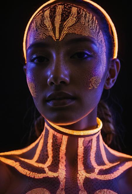 Portrait of a young woman with skin adorned in glowing, fluorescent carbon dots, reflecting a futuristic and ethereal beauty.