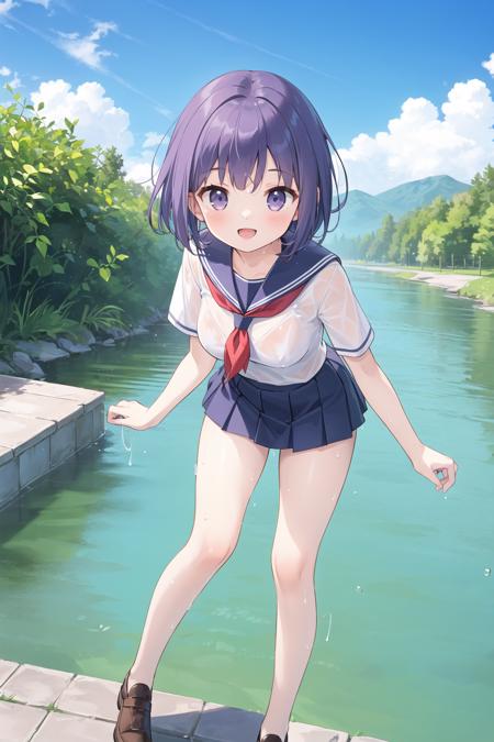 best quality, masterpiece, ultra highres, photo realistic, river, summer,
1girl, bursting breasts, shoes, high school uniforms, purple hair, inverted bob, happy smile, open mouth, wet skin,
cowboy shot, playing in the river, cute pose