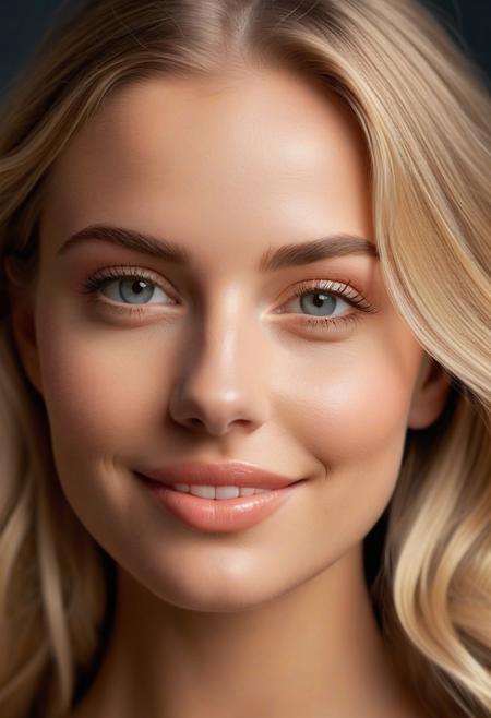 High resolution, 4k, realism, high quality, ((1girl)), Eye color, Deep ocean blue, large, and expressive, with a natural shine conveying warmth.Face shape, Oval, smooth, with slightly high cheekbones, adding elegance.
Hair, Long, Beach Waves , golden blonde.Skin tone, Fair, luminous, with a soft pink tint on the cheeks, flawless and radiant, Ears, Small, well-proportioned, subtly hidden by hair, adding softness.Nose, Fine and delicate, with a smooth bridge, yellow incisors teeth, slightly rounded at the tip, adding sweetness, Lips, Full, perfectly defined, naturally colored between pale pink and coral, with a subtle Cupid's bow, curved into a warm smile, Facial structure, Balanced, with a soft yet defined jawline, harmonious and symmetrical, Smile, Sincere and charming, lighting up the face, reflecting kindness and joy, Photo angle, Front view, slightly tilted left, focusing on the eyes and lips, emphasizing emotional expression and beauty.
