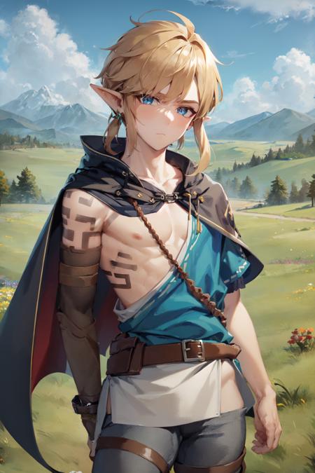 (masterpiece:1.3), best quality, ultra-detailed, <lora:tloz_link_totk-10:0.8>, cowboy shot, solo, male focus, 1boy, link \(totk\), arm tattoo, expressionless, looking at viewer, tunic, cape, pants, belt, single bare shoulder, blue sky, clouds, plains, grass, trees, flowers, mountains