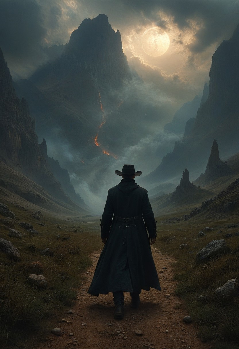 2men, the man in the foreground is following the man in the distant background. 1man wearing cowboyish gunslinger clothes in the foreground with a revolver in his hand, 1man wearing black clothes in the background. The man in black fled across the desert and the gunslinger followed. The desert was the apotheosis of all deserts, huge, standing to the sky for what might have been parsecs in all directions. White; blinding; waterless; without feature save for the faint, cloudy haze of the mountains which sketched themselves on the horizon and the devil-grass which brought sweet dreams, nightmares, death.
mystical touch, dread atmosphere, sense of suspense and wonder, view from above,
(score_9, score_8_up:1.1), score_7_up, (reflective volumetric), raytracing, absurdres, dark, low-key,