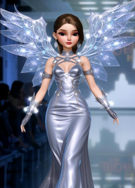 3d Princess, masterpiece full of details. This digital artwork showcases a young woman with a fair complexion struts down a runway in an avant-garde, metallic silver gown adorned with crystalline elements. Sparkling, translucent wings and intricate harness-like arm pieces enhance her ethereal appearance. The background features a mirrored runway reflecting light, with a dim, futuristic atmosphere. Her hair is slicked back, emphasizing her serene, focused expression. The fashion style is cutting-edge, fusion of human and mechanical elements.
