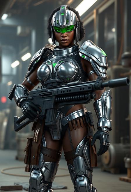 Videogame unreal engine 4 render image of a tall large bodybuilding buff muscular sexy hot black female soldier from the year 2150, cool sexy futuristic military character design, she has short curly hair, green eyes, green lipstick, she is tall and large and has huge breasts and muscles, she is wearing full body chrome military armor that's inspired by gladiators from Rome, including a roman gladiator helmet with a green transparent eye visor, the armor is chrome eith green LED embedded in it, her chrome armor is showing signs of damage and degradation, bullet marks, scratches amd grime, she is also wearing brown military and ammo pouches on her legs and belt, she is standing in a factory, she is holding a large heavy machine gun thats belt fed bullets, industrial lighting, epic pose.