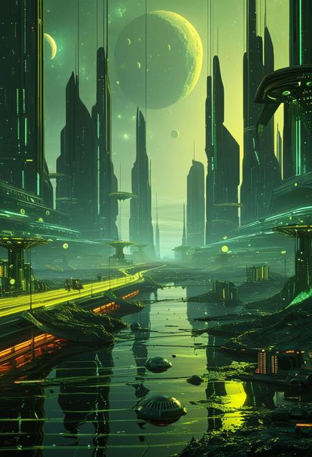 score_9, score_8_up, score_7_up, alienworld, Sci-fi metropolis, busy streets, alien world, multiple moons, concept art, detailed, masterpiece
