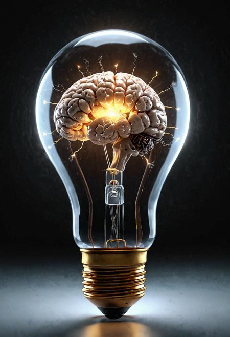 (best quality, 4k, 8k, highres, masterpiece:1.2), ultra-detailed ,illustration, a light bulb with a brain inside of it and the mystical energy comes out and radiates light around