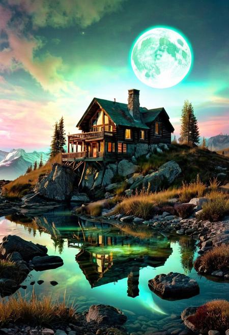 (by Ellen Jewett:1.5), (Bioluminescent Impressionism, The Dreamland), their peaks veiled in mist. mixed media, surrealism, great lighting, A surreal landscape highly detailed . extremely high-resolution details,  appears trapped in an optical illusion of reflections and refractions colorful , mountain cabin, professional photography, natural lighting, moon, night volumetric lighting maximalist. intricately detailed, complex, elegant, expansive, fantastical, film photography style,  medium grain,  <lora:MJ52:0.3>  <lora:SDXLFaeTastic2400:0.4>  <lora:EpicF4nta5yXL:0.7>.ethereal landscapes, depth of field, biotech emotion:1.3) <lora:xl_more_art-full_v1:0.5> <lora:add-detail-xl:1> <lora:RMSDXL_Creative:2>