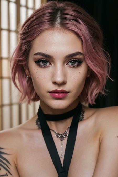 (a cute girl, 22 years old, pale skin ,  pink hair ,skinny:1.1),(big boobs , small nipples, Colombian hipster girl, edgy vibe, dark, mascara, eyeliner, dark cheeks, expressive lips, Unique facial piercings, alluring necklace, stylish sexy streetwear, alluring thighs, aesthetic tattoos on her body, almond shaped eyes, Dimples, strong eyeliner eyes ,Defined jawline, skin pores )(best quality, high quality, photograph, hyperrealism, masterpiece, 8k:1.3), mestizo, burly, white shaggy hair, dark skin, smile, (low-key lighting, dramatic shadows and subtle highlights:1.1),(((in the middle of the photoshograph studio))) adding mystery and sensuality, trending on trending on artsy, concept art, (shot by helmut newton:1.1), rule of thirds, black and white, modern ,epiCRealism, epiCNegative