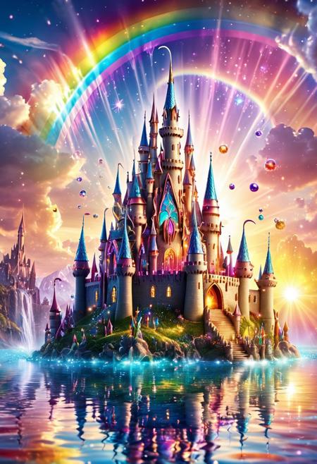 a rainbow unicorn fantasy castle with crystalline spires floating in the clouds, RainbowUnicornStyle, illuminated by sunset light rays and glowing orbs, dreamy atmosphere, deep depth of field, reflective water below, magical haze, intricate detailing