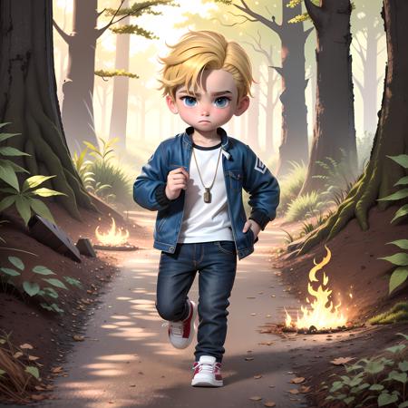 ((masterpiece, best quality)),(complex lighting),solo, looking at viewer, blonde hair, shirt, 1boy, jewelry, standing, jacket, full body, white shirt, short sleeves, male focus, open clothes, shoes, pants, open jacket, shadow, fire, watch, hand in pocket, wristwatch, print shirt, <lora:JaeyeonNam12-10:0.6>,running, forest,